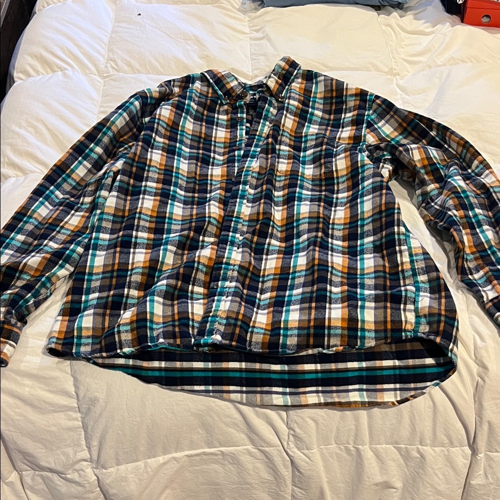 Lands' End Blue and Orange Plaid Shirt
Size: XL 17-171/2 Traditional Fit
